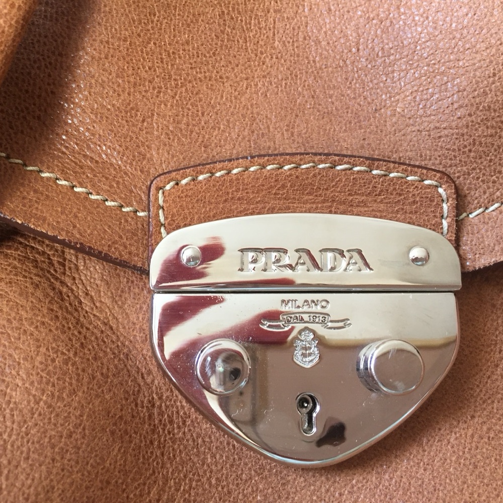 Prada Cognac Leather Handbag with Silver-Tone Lock - Picture 2 of 11